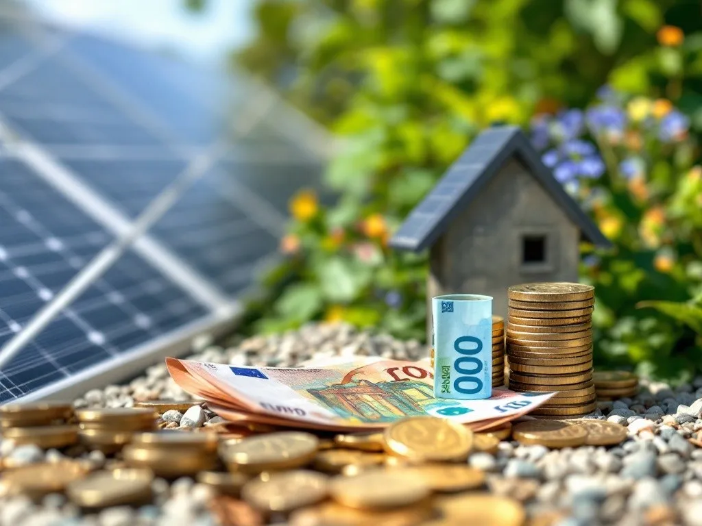 A close-up shot of euro banknotes and coins arranged around a small model house, with a solar panel in the background. The image suggests the cost of solar energy and home ownership.